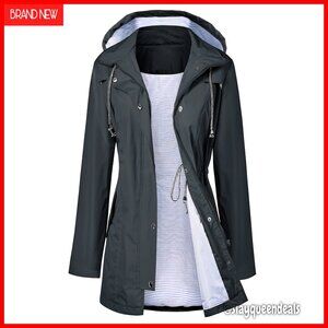 Waterproof Trench Raincoat with Hood, Lined Windbreaker Jacket S-XXL